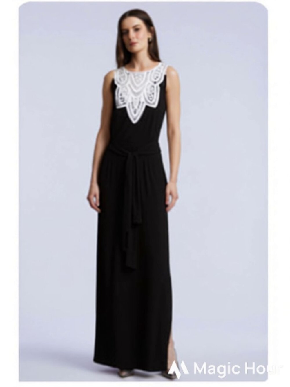 Merona Black Belted Maxi Summer Dress with Lace Bodice and Side Slits